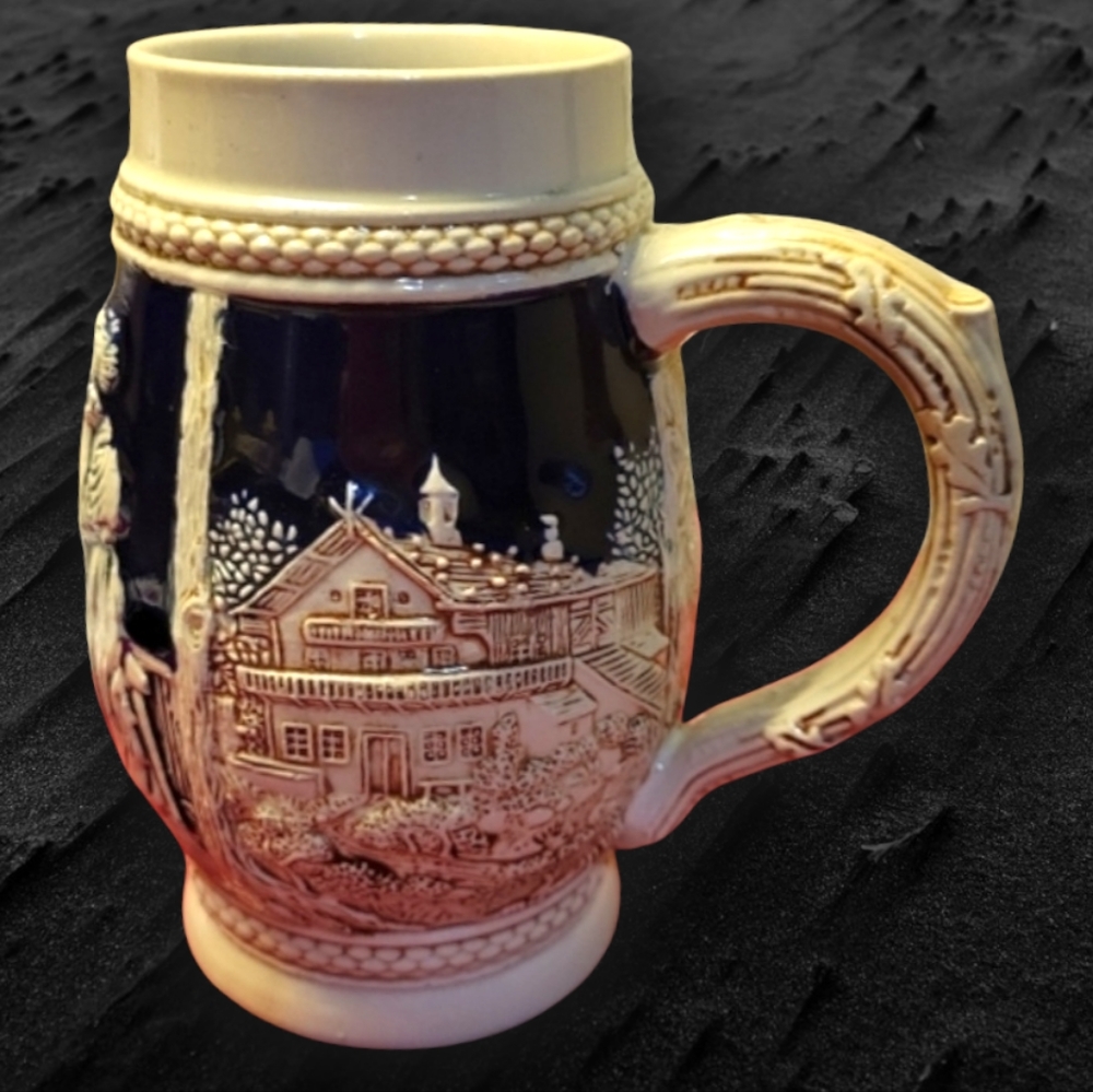 Vtg German Colbalt Blue & Cream Ceramic Beer Stein Mug Tankard 2 Men & A Woman